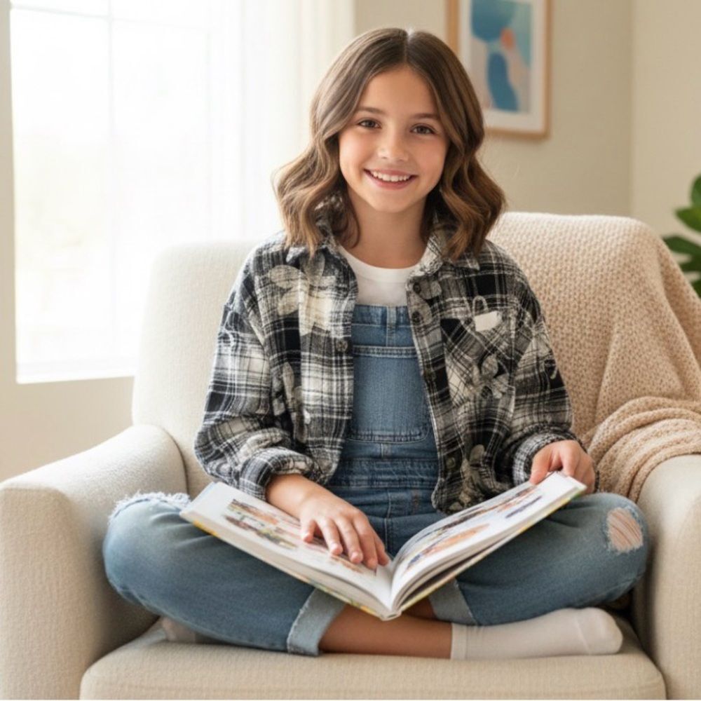Justice Girls Plaid Button-Down Shirt | Bee Print | Size S (7/8)